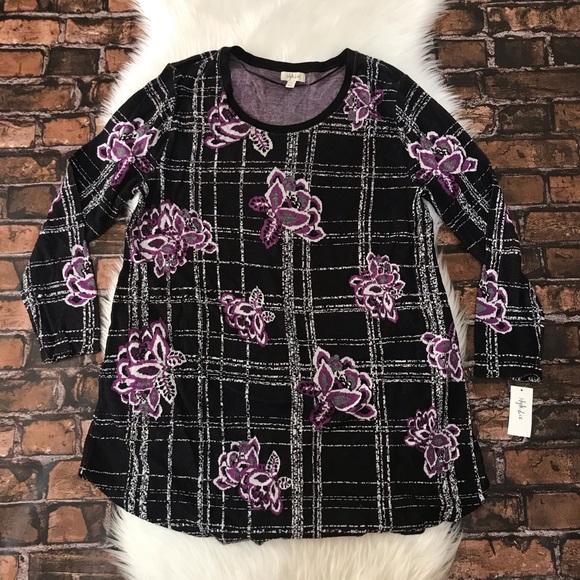 Style & Co Purple Windowpane Plaid & Floral Tunic Sweater NWT Size XXL Blouse - Picture 2 of 8